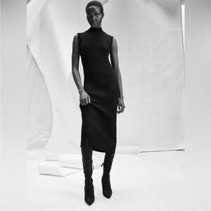 ZARA NWT Form Fitting Mock Neck Rib Knit Midi Dress, Black, Size XS-S